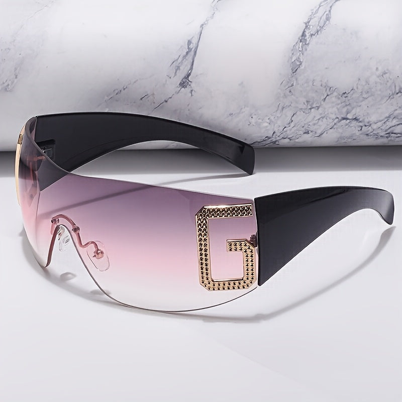 Unisex Oversized Frameless Fashion Glasses - Polycarbonate Lenses, Metal Hinges, Black & Golden Fashion-Forward Design - Lightweight Durable for Driving & Casual Attire with Protective Case, Versatile Eyewear, Chic Eyewear St