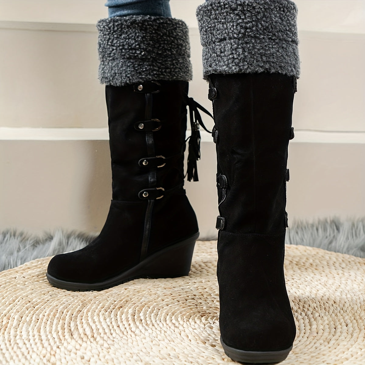 Women's Comfortable Black Mid-Calf Boots - Cozy Fabric Lining, Non-Slip Rubber Sole, Side Zipper, Tassel Accents for Stylish Winter Warmth