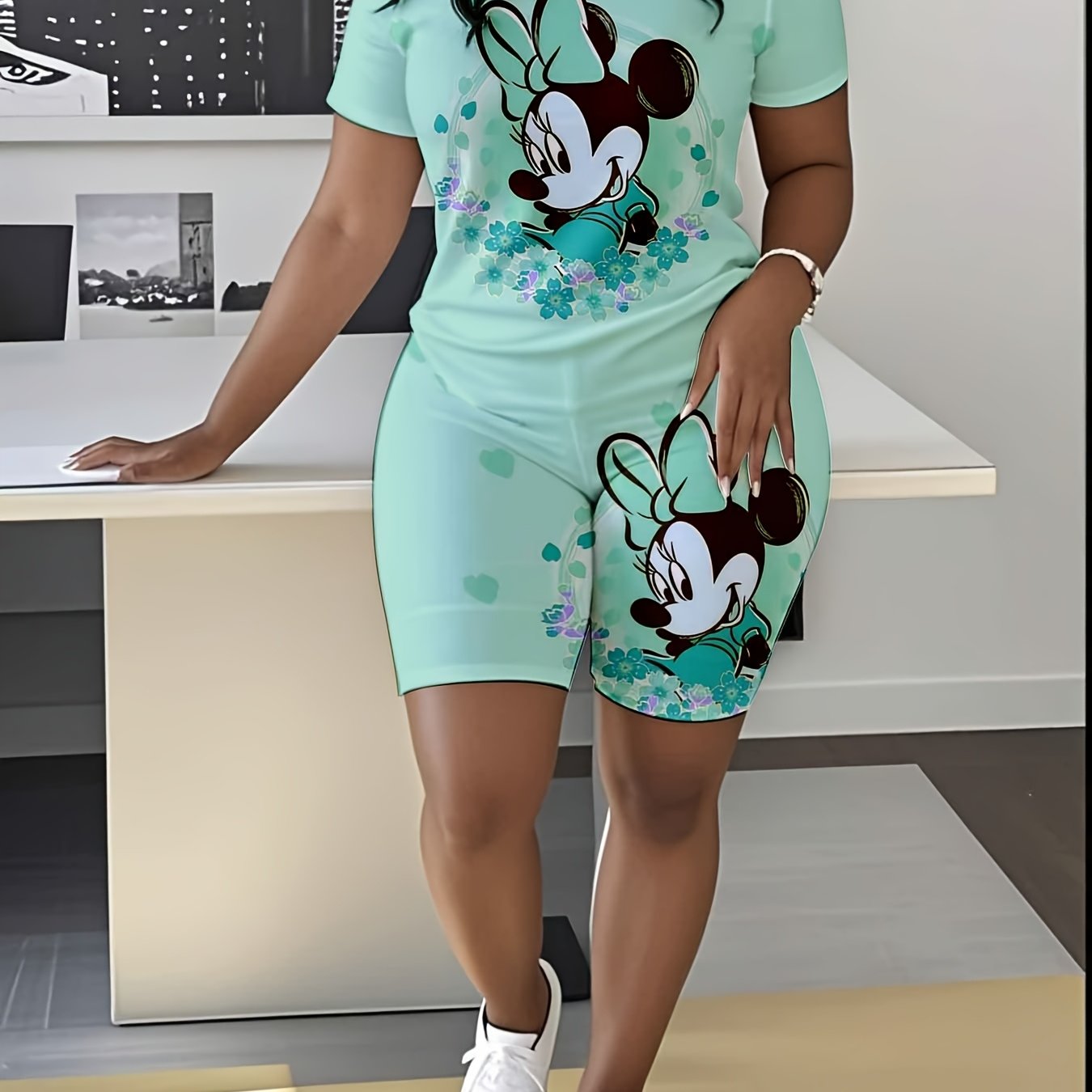 2pcs Women's Disney Mickey Mouse Summer Short Sleeve Set, Cartoon Design, 3D Printed Short Sleeve T-Shirt & Shorts Comfortable Great for Outdoors & Vacation, Loose Comfortable Sports Set