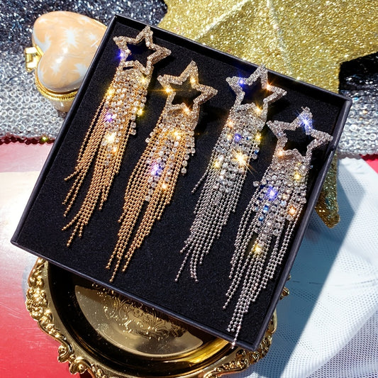 Jewelry for Women Featuring Long Tassel Earrings with a Silvery Pentagram Star Design, Perfect As Party Gifts.