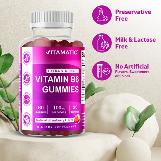 Vitamatic Vitamin B6 100mg - Berry Flavor - 60 Pectin Based Gummies - Supports Nervous System