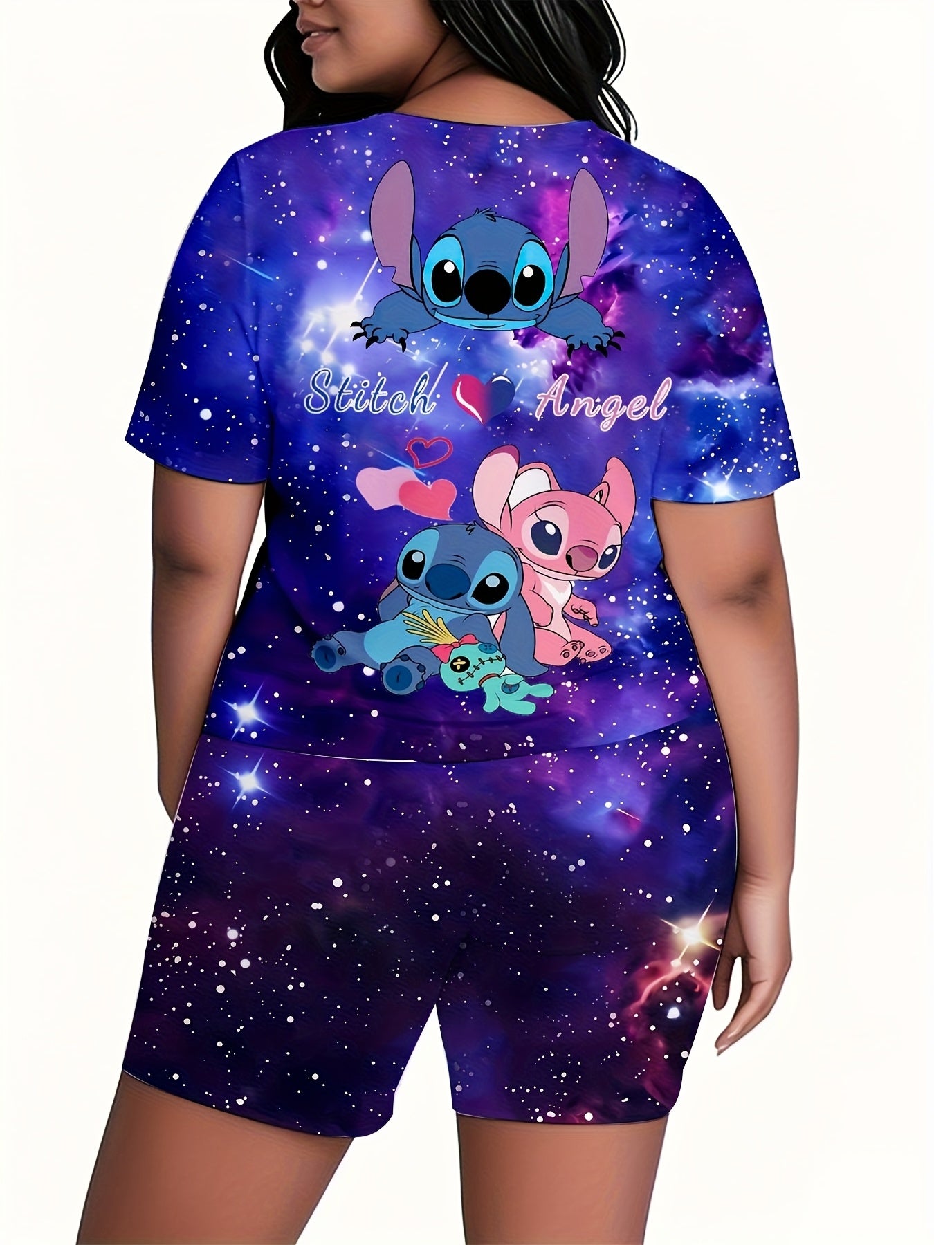 Plus Size Diseny Stitch Mouse Two Piece Women'S Sports Set, Short Sleeve Crew Neck Top And Sports Shorts Set, Women'S Plus Size Suit, Loose Comfortable Sports Set