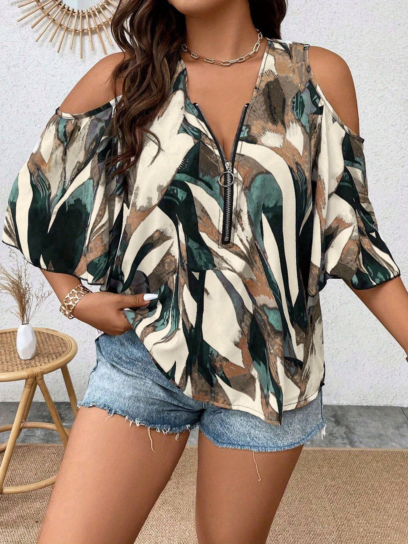 [Plus Size V-Neck Shirt] Plus Size Women's Summer V-Neck Shirt | Off Shoulder, Seven Quarter Sleeve, Front Zipper | Casual Vacation Top