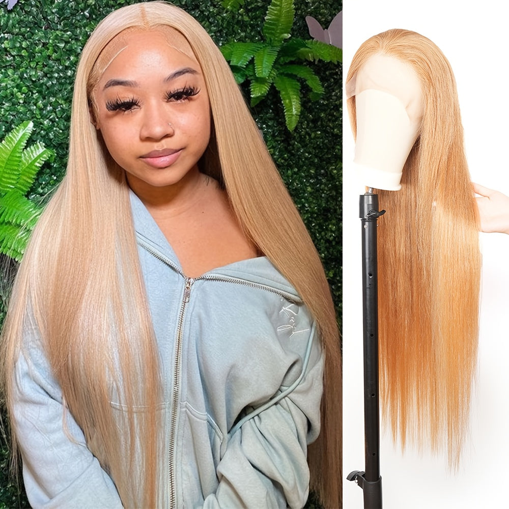 Human Hair Lace Front Wig in Honey Blonde with 200% Density, Featuring a #27 Color, Straight Style, And a 13X4 HD Transparent Design. This Glueless Wig Comes Pre-Plucked with Baby Hair, Perfect for Women