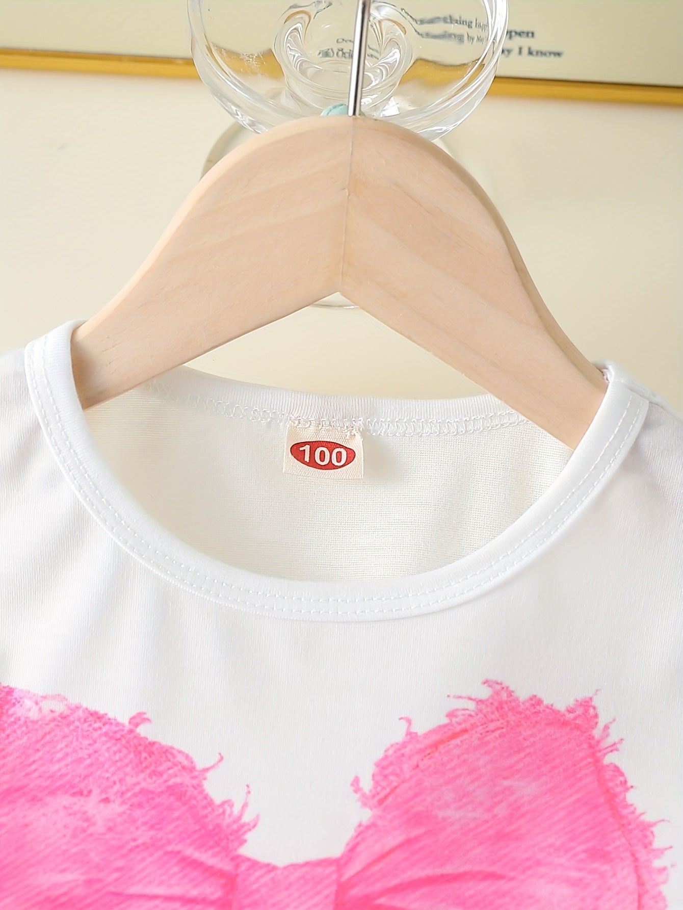 Girls' Summer Round Neck Short Sleeve Simple Versatile Cute Bow Print Top with Denim Shorts Set for Home Leisure Outing Daily Shopping Wear, for Outdoor