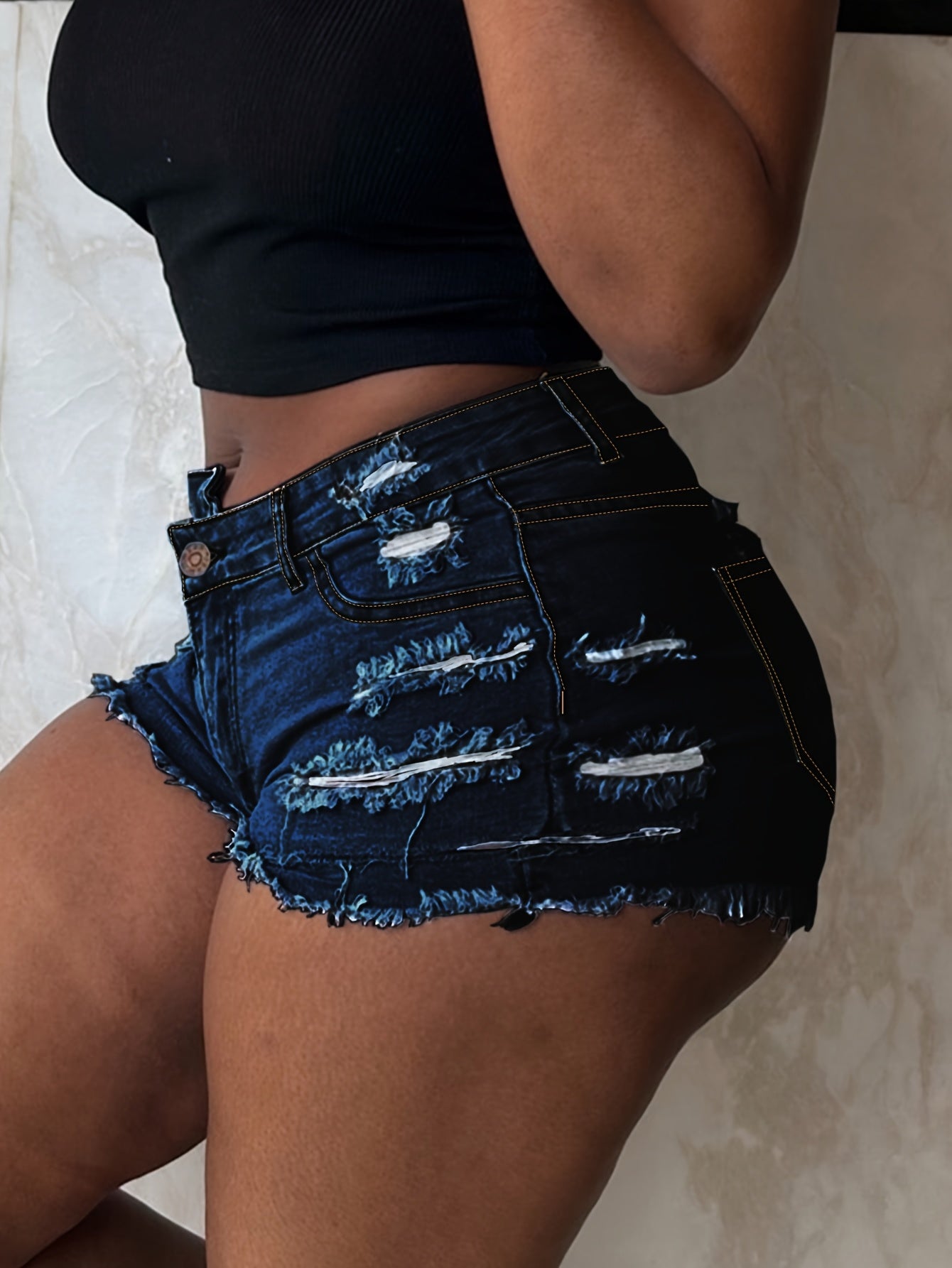 Women's Stretchy Distressed denim-like Jeans Shorts - Skinny fit Mid-Rise with Raw Hem Tears & Frayed Edges, Non-See-Through Viscose Blend for Casual Outfits, Beach Parties, Everyday Summer Wear - Machine Washable, Denim Shor