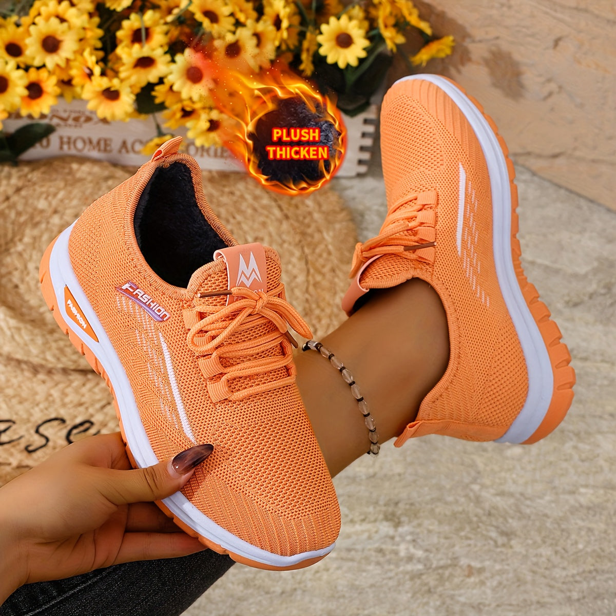 [Autumn And Winter ]Orange Fleece-Lined Warm Shoes, Thickened Cushioning Shoes Exclusive for Winter, Orange And Purple Spliced Lace-Up Trendy Warm Sports Shoes, White Casual Shoes, Shoes For Women/elegant Shoes For Women, Sea