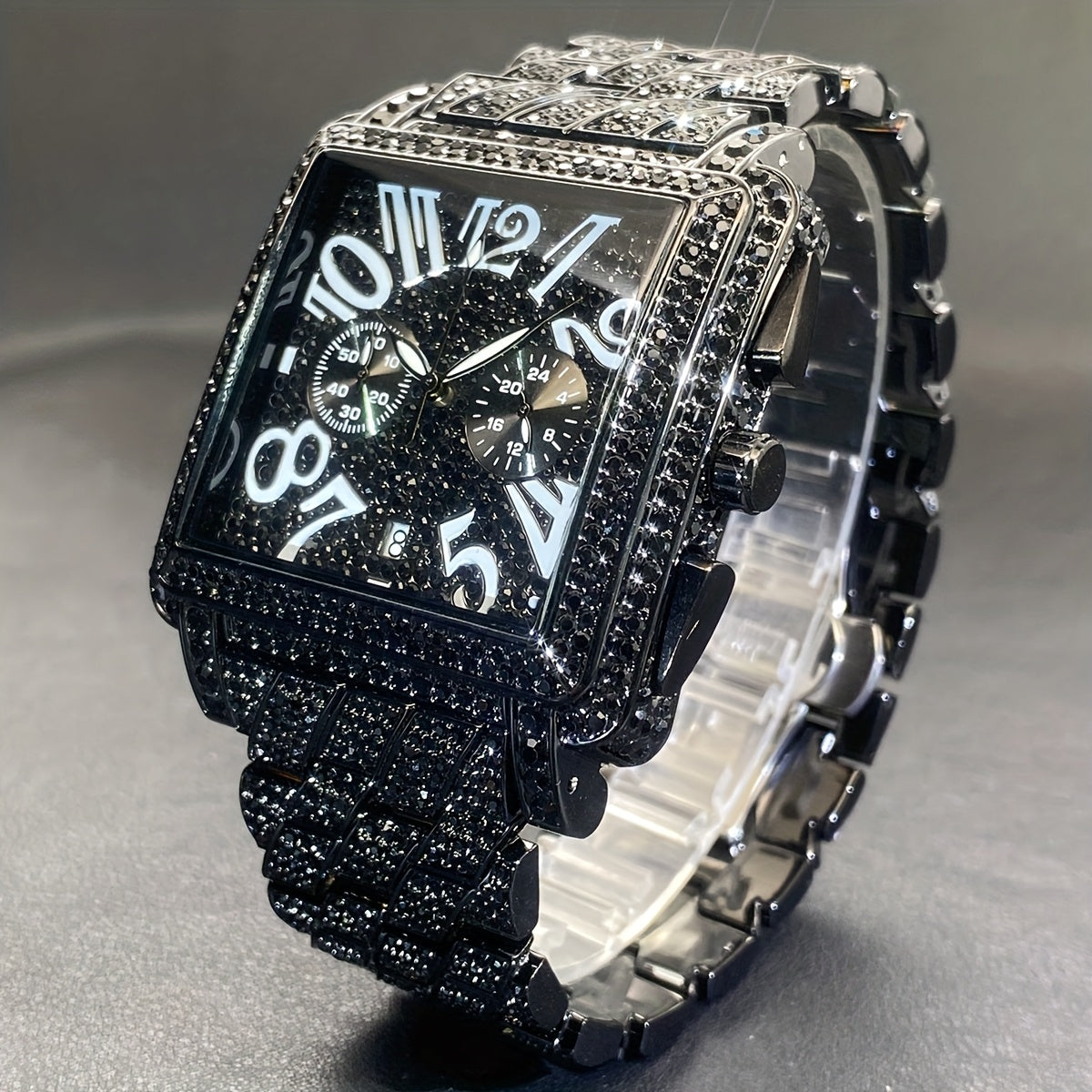 MISSFOX Men'S Luxury Hip-Hop Watch - Golden-Tone Quartz Movement with Date/Calendar, Square Dial & Roman Numeral Display, Sparkling Rhinestone Bezel, Battery-powered Formal/casual Wristwatch For Everyday & Special Events - Id