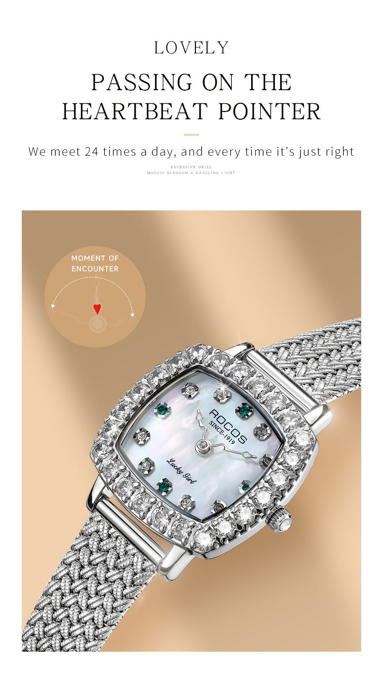 ROCOS Heartwarming Signal Series Fashion Luxury Women'S Watches Square Simple Wristwatch Elegant Rhinestones Watches For Women Quartz Watches Love Heart Hands Dazzling Colour Dial Silvery Steel Strap Gifts For Women R0264