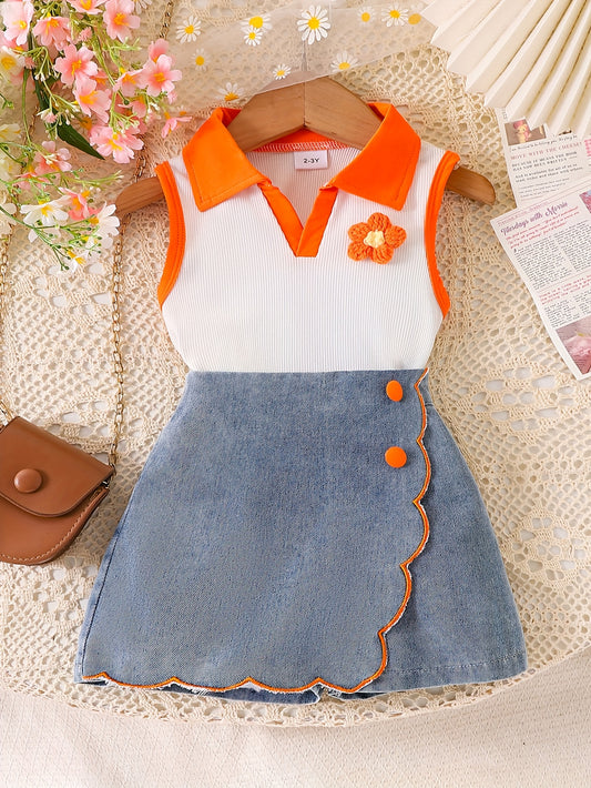 Summer Outfit for Girls Featuring a Floral Collar Top And Denim Shorts, for Outdoor