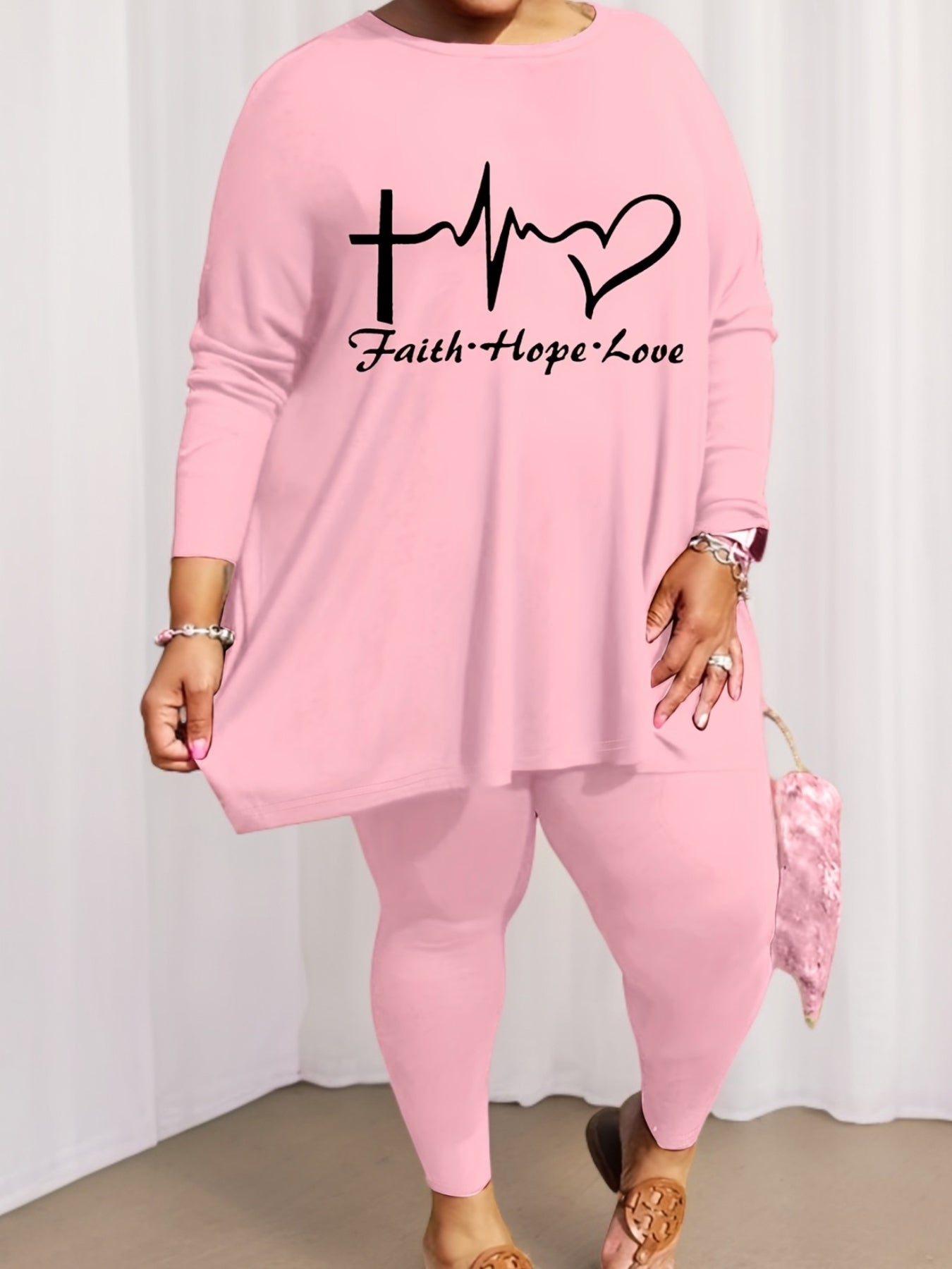 Plus Size - Plus Size - Women'S Plus Size Casual Crew Neck Long Sleeve Top & Pants Set - "Faith, Hope, Love" Letter Print with Pockets, Stretchy Polyester Blend, Black, Everyday Comfort Wear, Everyday Comfort Wear | Relaxed F