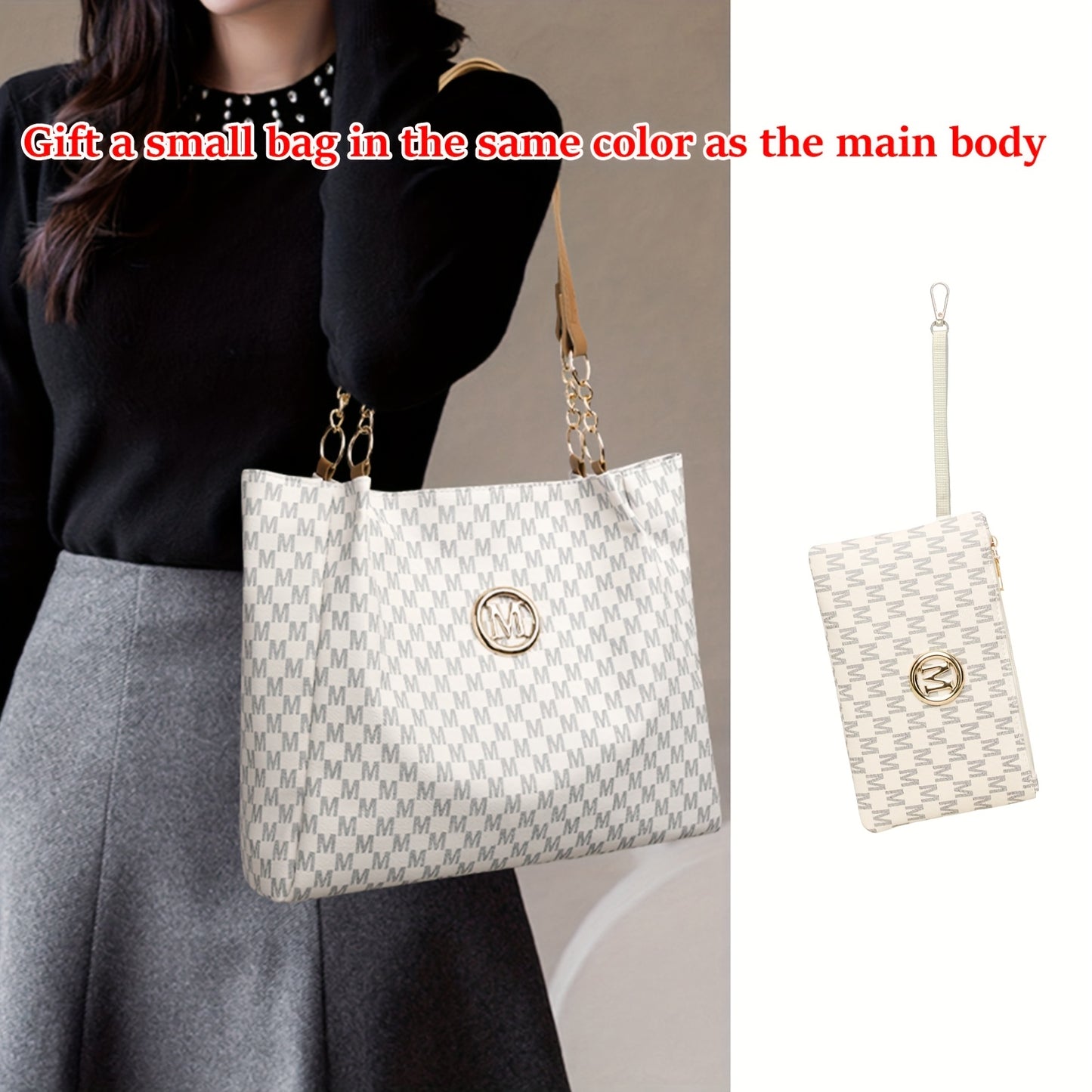 Perfect Lily "M" Logo Tote Bag - Elegant Black & White Checkered Shoulder Bag with Golden Hardware, Large Capacity for Daily Commute, Shopping, Travel - Ideal Gift for Women, Commute Bag|Checkered Pattern Bag|Durable Zippers,