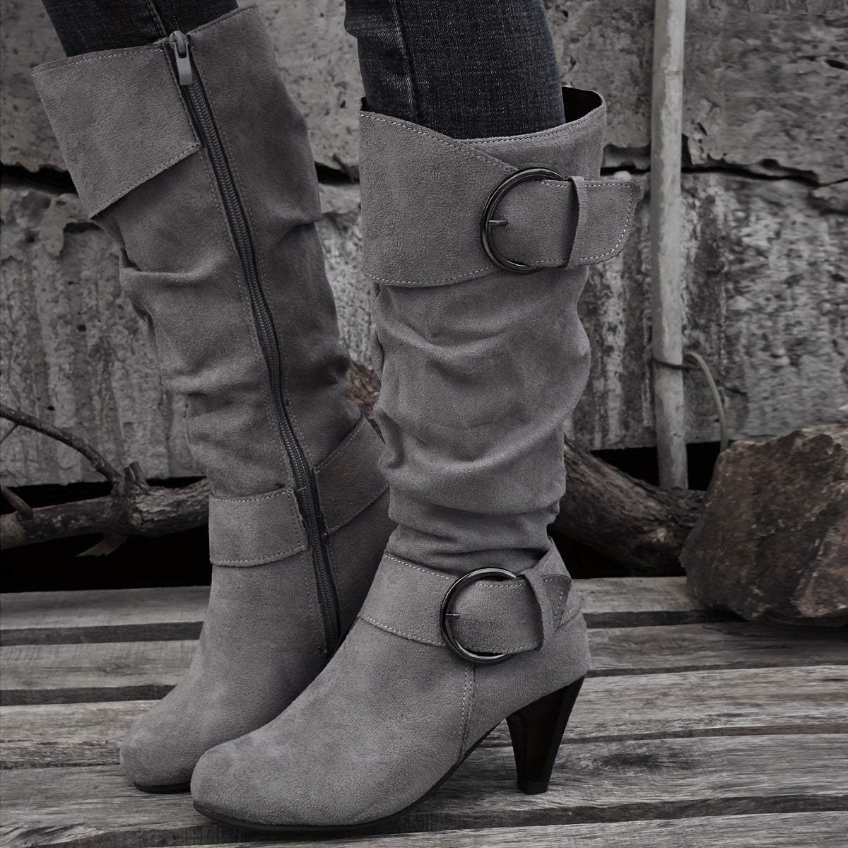 [Versatile Round Toe Boots] Versatile Round Toe Mid Calf Boots - Solid Color Chunky Heel Non-slip Outdoor Shoes - Women's