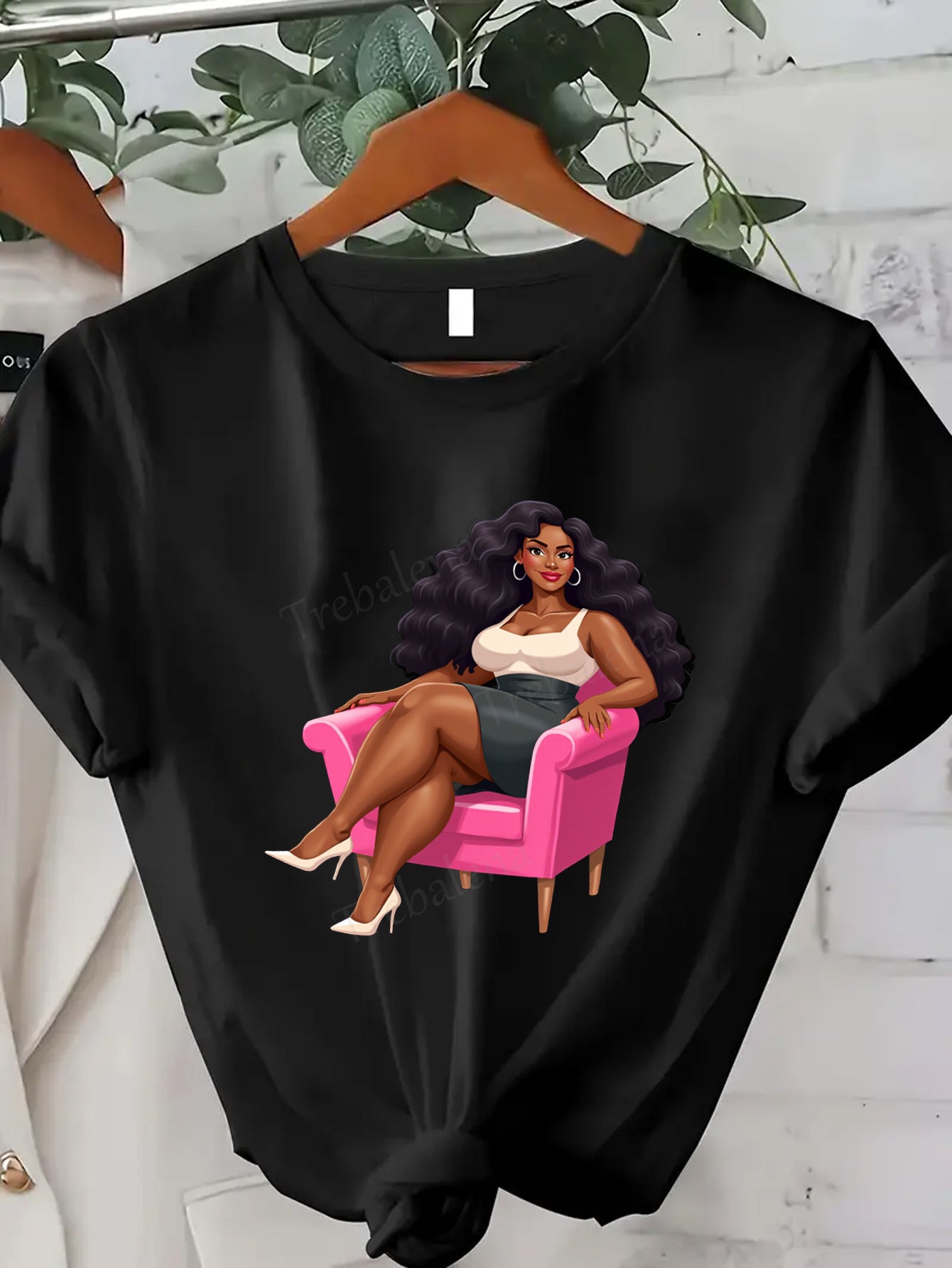 Plus Size, Trebalena Women's Plus Size Graphic T-Shirt - Sexy Curvy Lady in Pink Chair with Roses, Soft Breathable 100% Cotton Casual Everyday & Party Outfit - Perfect Halloween, Christmas, Birthday Gifts for Women - Non-See