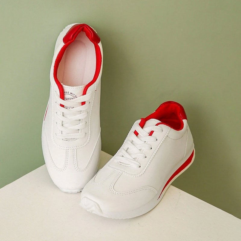 Women's Sneakers, Lace-Up Low-Top with Arch & Cushioned EVA Foam, -like Texture, White & Red Glossy Accent, All-Season Casual & Light Sports Shoes, Stylish White with Red Trim, White/Pink/Black Color Options, Korean Fashion-I