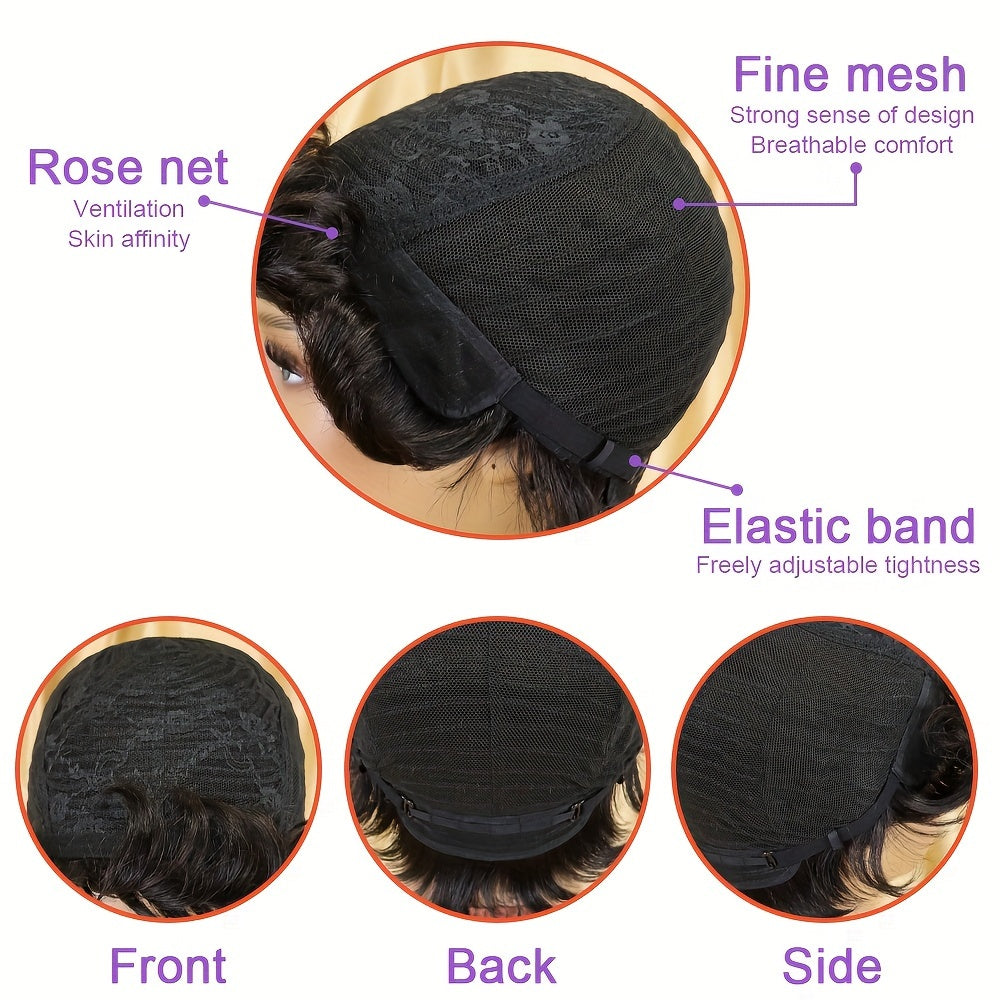 Women's Brazilian Remy Human Hair Wig - Sporty Short Pixie Cut with Golden Brown Highlights, 150% Density Rose Net Cap, Machine-Made Straight Bob Wig for All Ethnicities, Versatile Hairstyle | Sleek Straight Wig | Comfortable