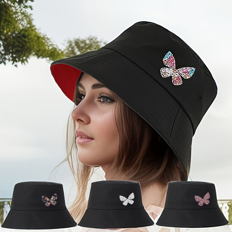 A Stylish And Versatile Bucket Hat Adorned with Rhinestone Butterflies, Lightweight And Washable - Perfect for Outdoor Female Travel, Everyday Wear, And Street Style