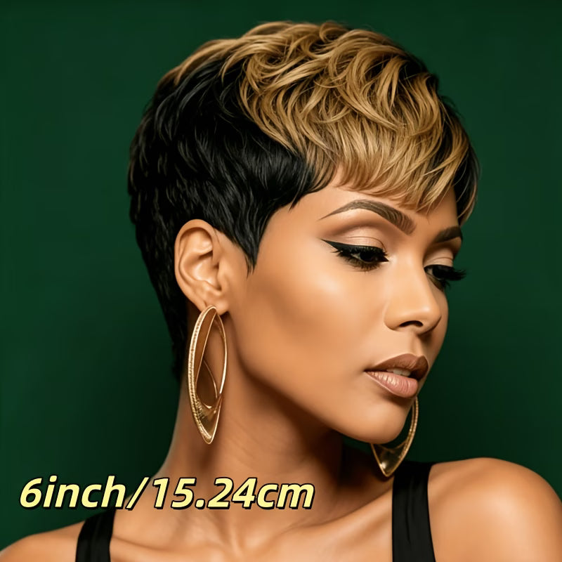 Women's Short Straight Pixie Cut Human Hair Wig with Bangs - 1B/30# Blonde Machine-Made Full Wig Suitable for Holiday/Party & Casual Attire, Density Hairpiece for Bald, Elastic for All Skin Tones