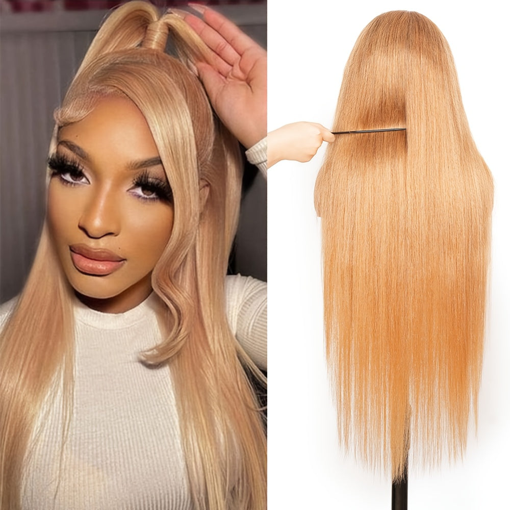 Human Hair Lace Front Wig in Honey Blonde with 200% Density, Featuring a #27 Color, Straight Style, And a 13X4 HD Transparent Design. This Glueless Wig Comes Pre-Plucked with Baby Hair, Perfect for Women