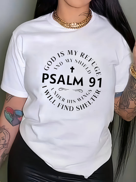 Women's Plus Size Comfort T-Shirt - Casual Round Neck Short Sleeve Top with Bold Psalm 91 Scripture & Geometric Print, Machine Washable Summer Faith-Inspired Apparel, Ladies T Shirts, Everyday Comfort Wear, Fashion Statement