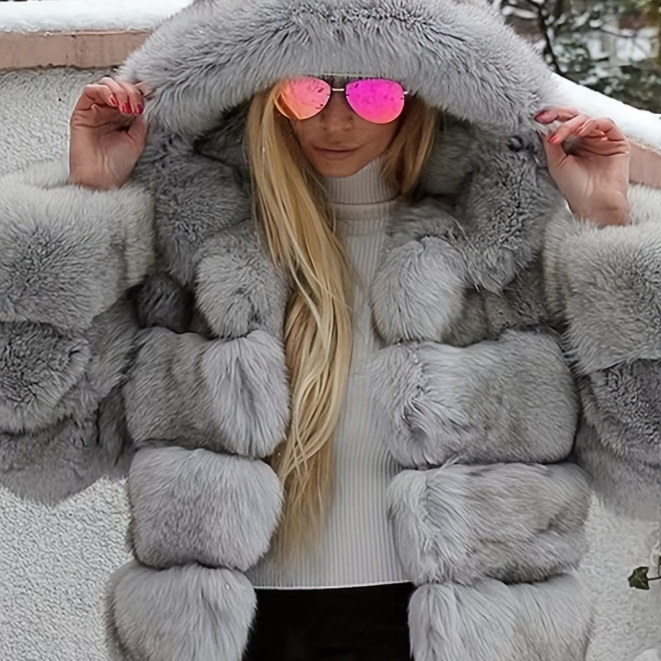 Plus Size, Women's Plus Size Oversized Hooded Faux Fox Fur Coat - Winter Warm Coat with Hood & Plush Fur Trim, Machine Washable Grey Jacket for Cold Weather, Casual Outerwear (No- Design) - Coat for Blonde Lady Picture