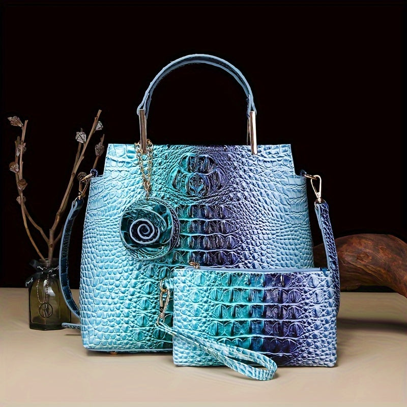 2pcs Crocodile Print Handbag Set - Fashionable Vintage Style, Multi-Functional Top Handle Crossbody, Business Clutch & Coin Purse - Spacious, Secure, Ideal for Everyday Chic