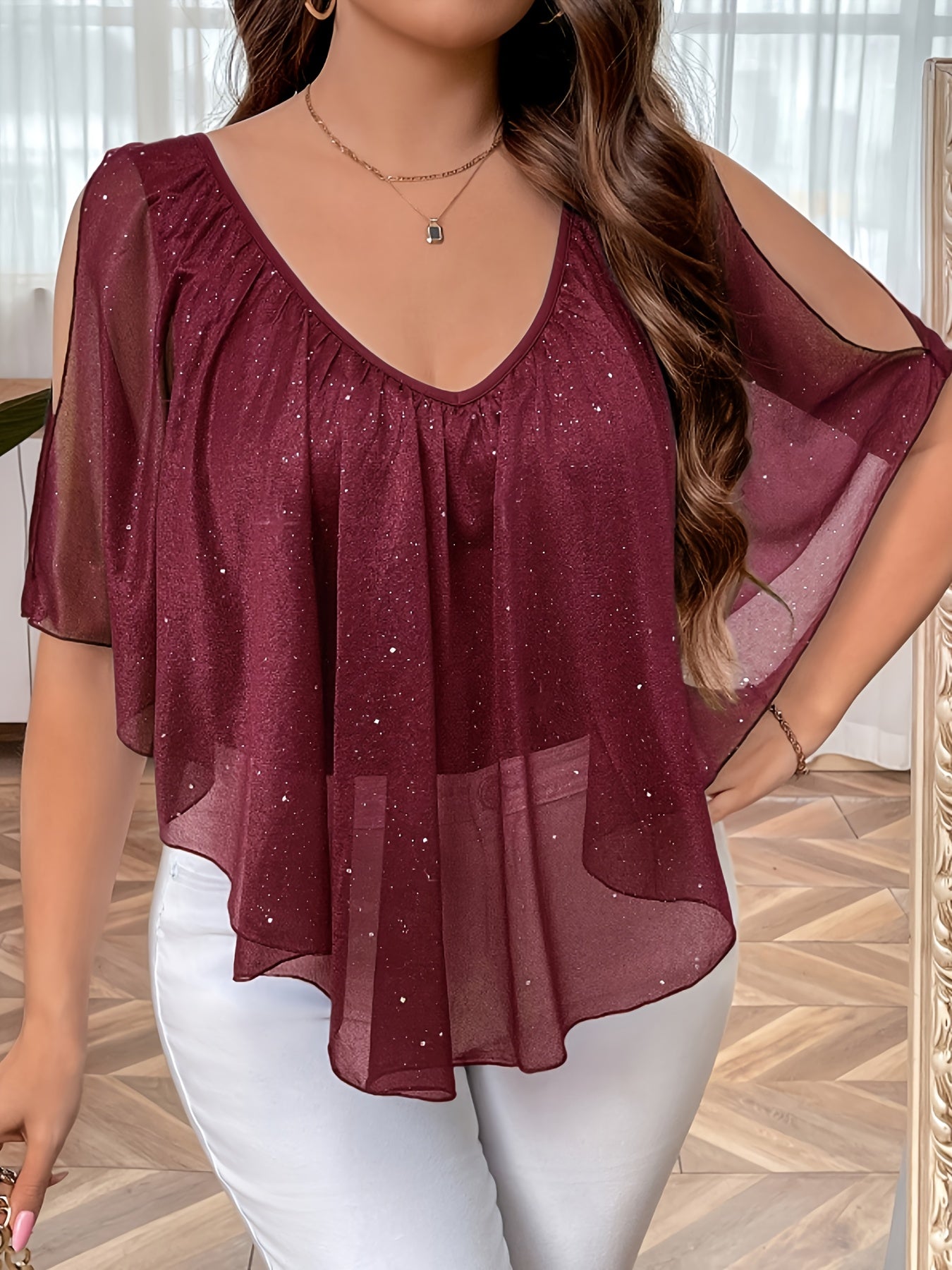 Women'S Elegant V-Neck Pleated T-Shirt, Summer Knit Polyester Tee with Frill Detail, Medium Stretch Solid Color Top, 95% Polyester 5% Elastane, 180g/m² Fabric Weight