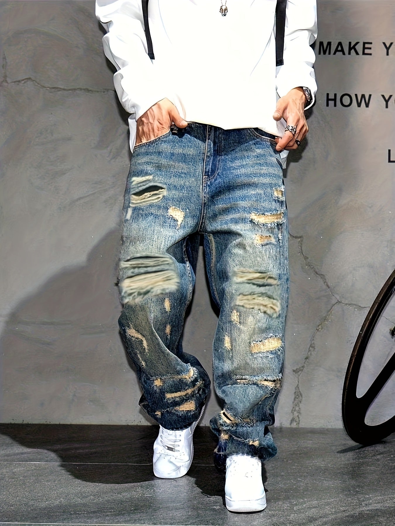 Men's American High-Street Distressed Patch Wide-Leg Jeans - Loose-Fit Straight-Leg Trousers with original, Casual Streetwear Pants for all-Season Wear (Hand Wash/Dry Clean) - Style over Function for Edgy Outfits