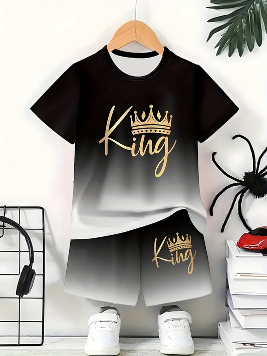 Summer Fashion Boys Cool Gradient Black Golden Letter "King" Crown Short Sleeve Shorts Set, Perfect For Summer Outdoor Activities, Daily Wear, Leisure, Entertainment, Parties, School, Travel, An Ideal Gift, for Outdoor
