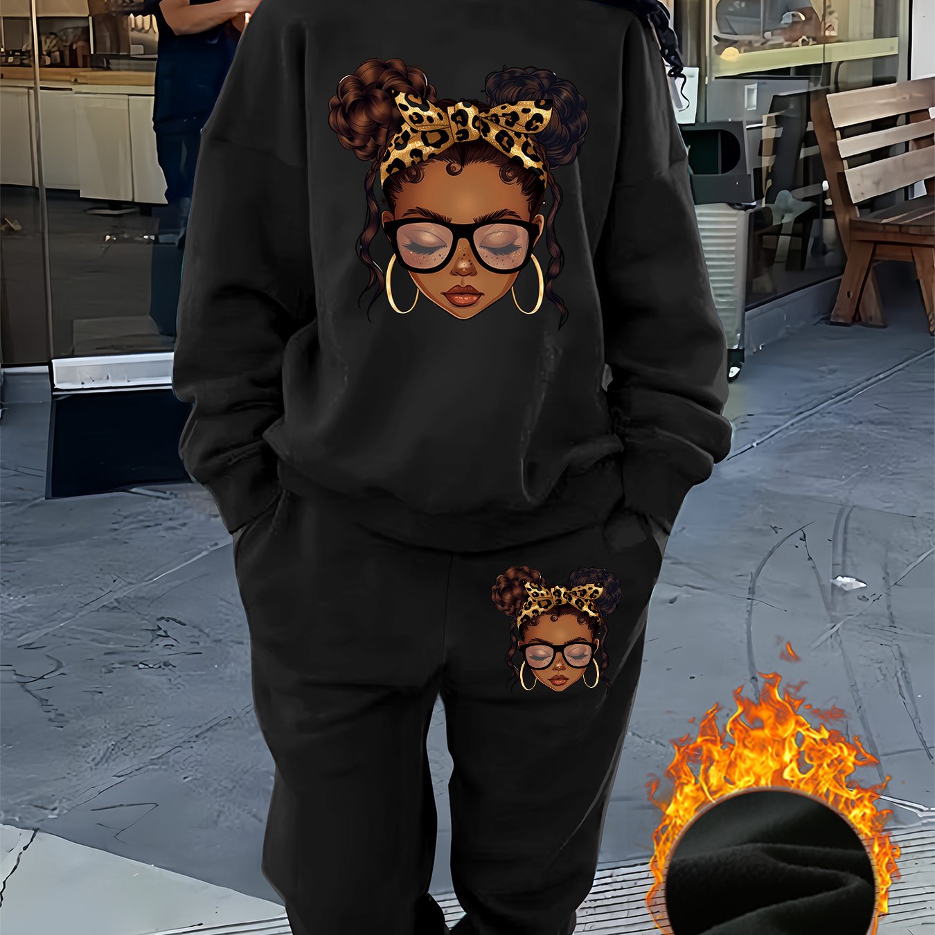 Graphic Print Two Piece Set, Crew Neck Sweatshirt & Pants, Women's Clothing