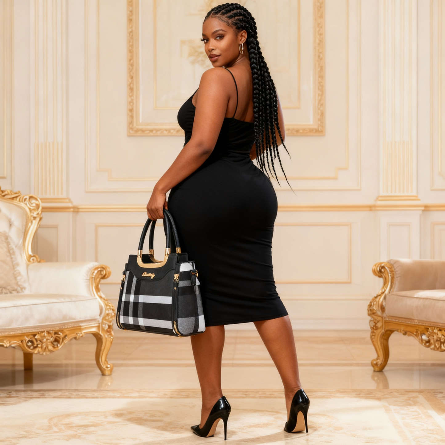 CHROSGEKEIDI Women'S Elegant Black Tote Bag with Golden-Tone Hardware - Large Capacity, Removable Shoulder Strap, Polyester Lining, Perfect for Work or Travel, Travel Tote Bag | Sophisticated Style | Durable Zipper Closure, L