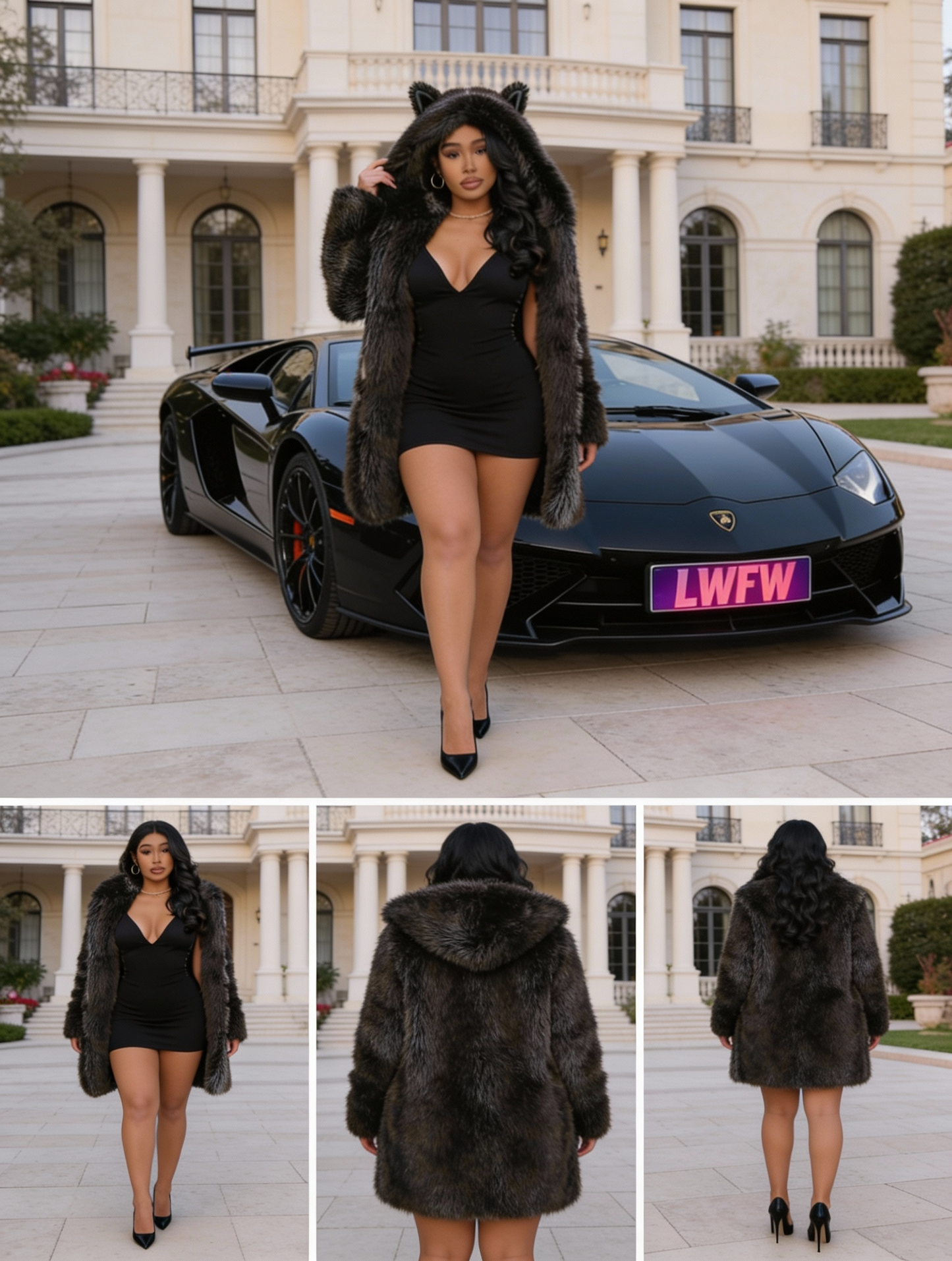 Plus Size - Plus Size - Plus Size Women'S Elegant Faux Fur Hooded Coat with Gray Wolf Ear Print - Thick Warm Mid-Length Winter Coat, Double-Breasted Front, Pockets, Long Sleeves, Casual Streetwear Style for Fall/Winter
