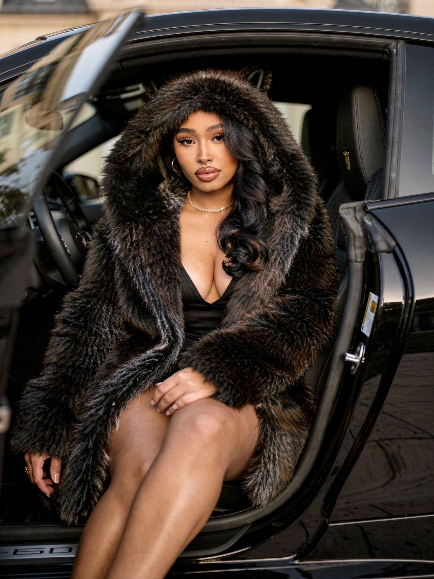 Plus Size - Plus Size - Plus Size Women'S Elegant Faux Fur Hooded Coat with Gray Wolf Ear Print - Thick Warm Mid-Length Winter Coat, Double-Breasted Front, Pockets, Long Sleeves, Casual Streetwear Style for Fall/Winter