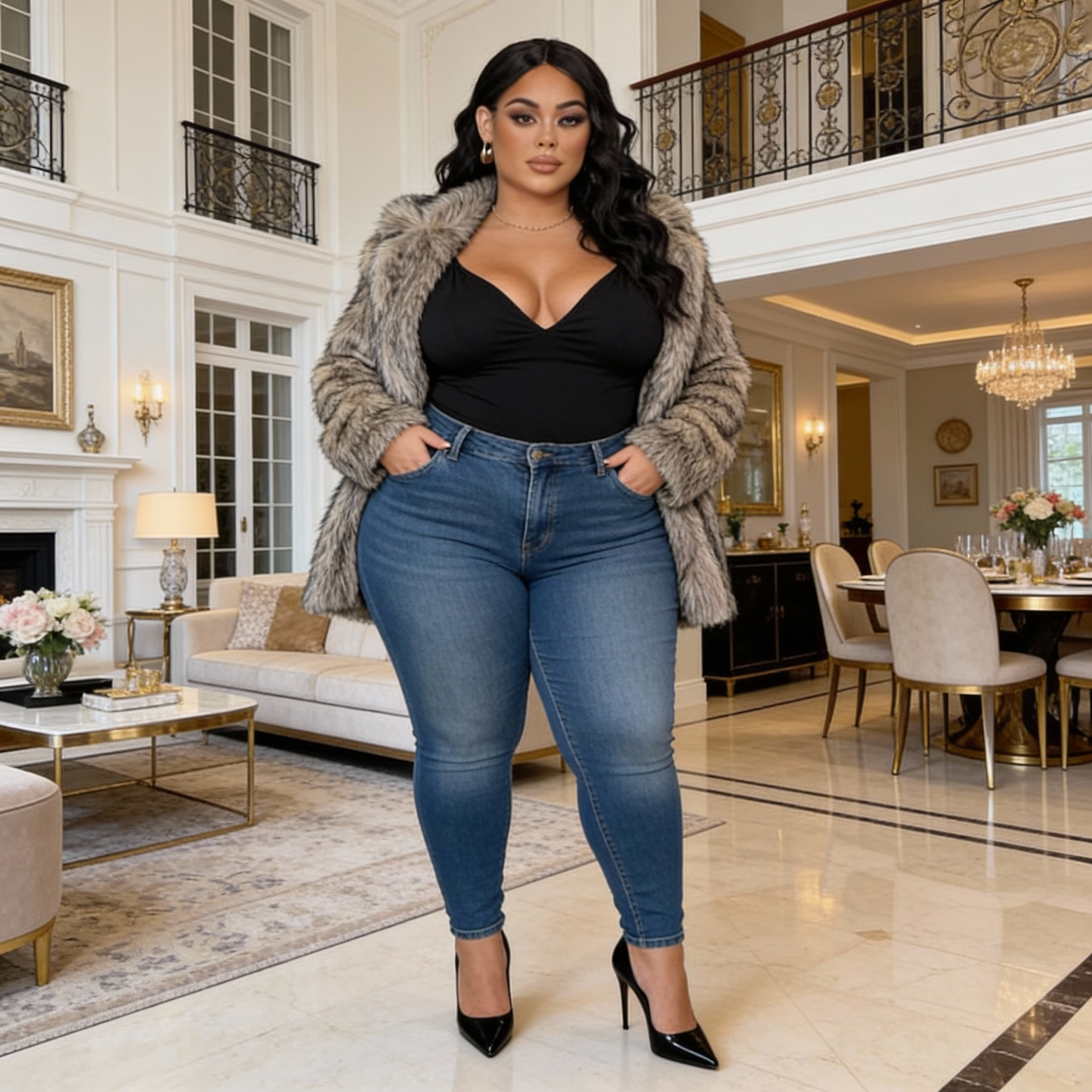 Plus Size - Women'S Plus Size Oversized Fur Coat - Elegant Long Winter Jacket with Metal Chain Collar, Soft Pink Plush Texture, Warm Insulated Outerwear for Fall & Winter