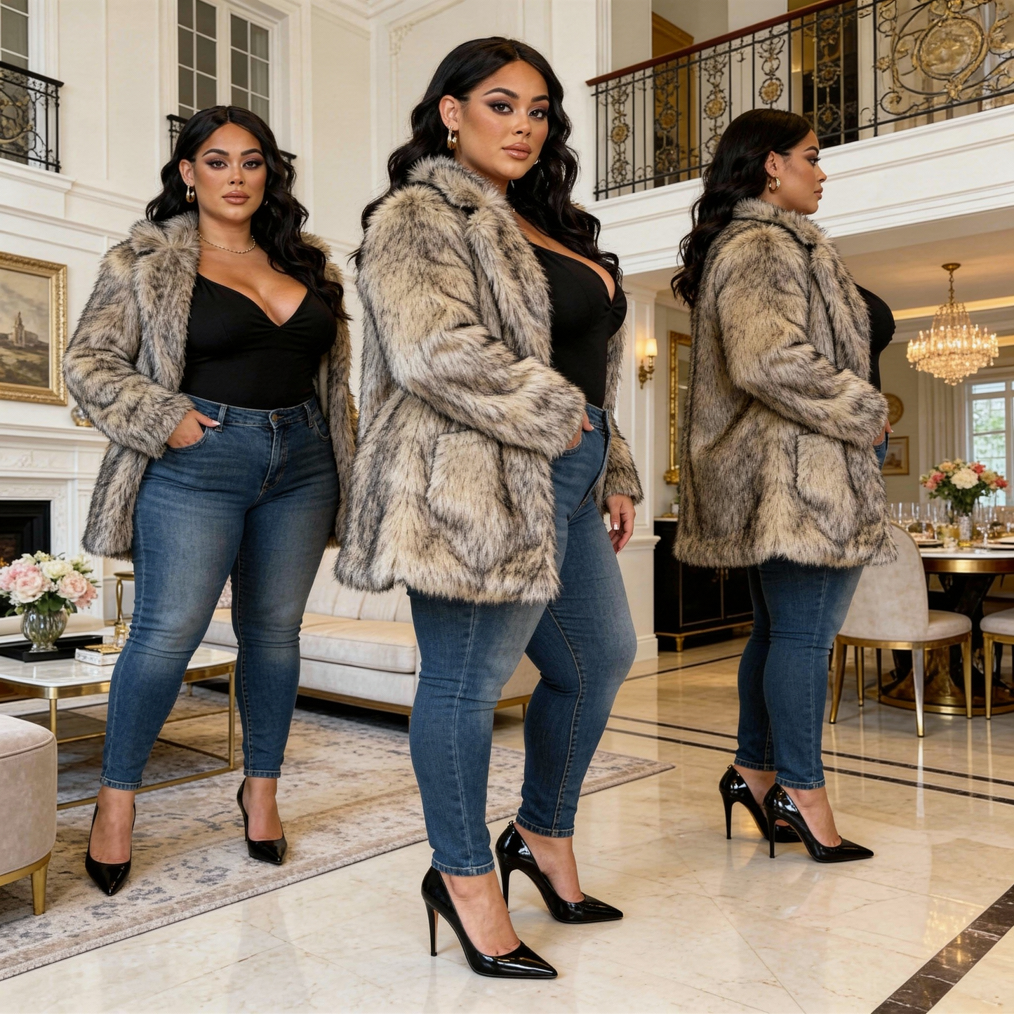 Plus Size - Women'S Plus Size Oversized Fur Coat - Elegant Long Winter Jacket with Metal Chain Collar, Soft Pink Plush Texture, Warm Insulated Outerwear for Fall & Winter