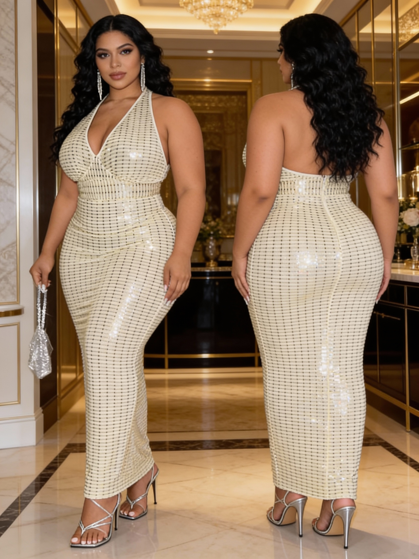 Plus Size Women's Sleeveless Halter Neck Sequin Dress - Elegant Bodycon Summer Party Dress with High Slit, Hand Wash Only, Formal Occasion Attire | Stretchy Fabric Gown