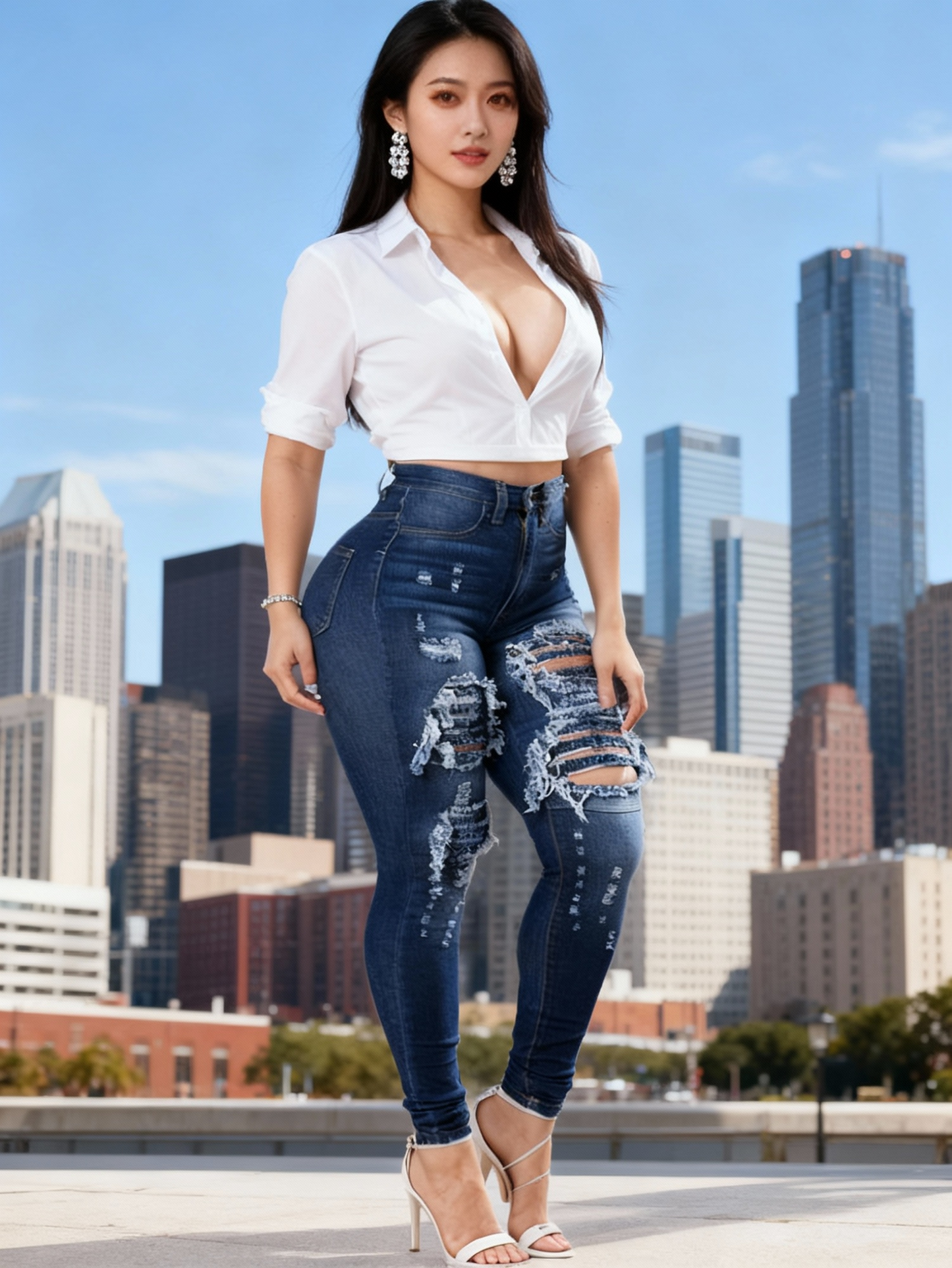 Ripped High Waisted High Stretch Tight Jeans, Comfortable Casual Jeans, Suitable For Daily Wear, Women's Jeans And Clothing