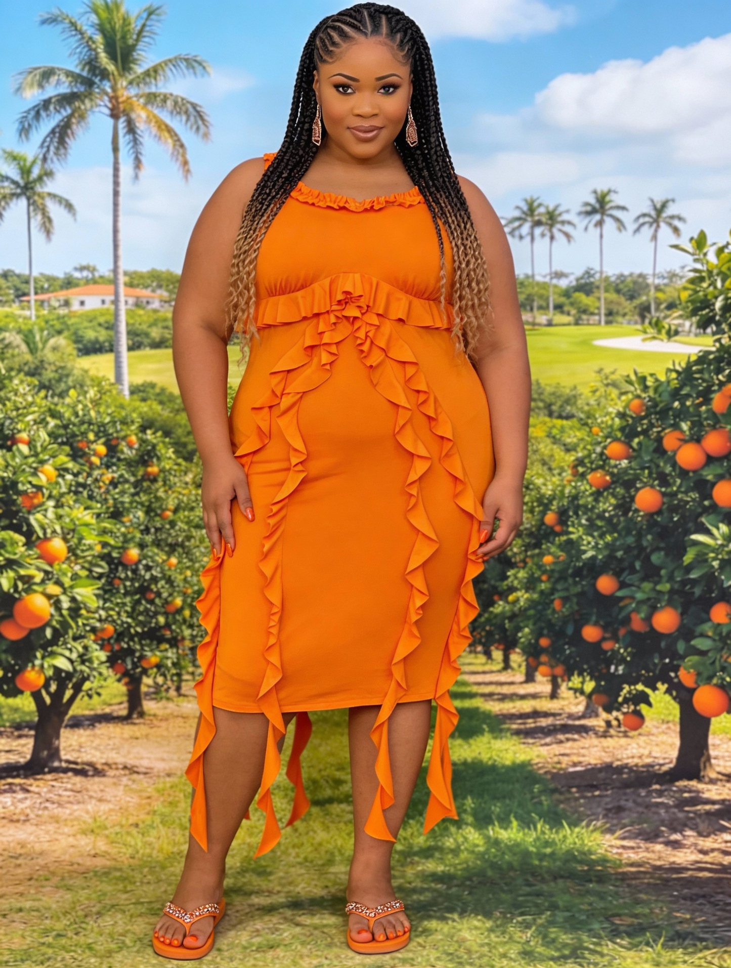 Plus Size Women's Sleeveless Backless Bodycon Mermaid Dress with Ruffled Hem & Thin Straps - Vibrant Orange Solid Color, Machine Washable, All-Season Party Vacation Evening Dress