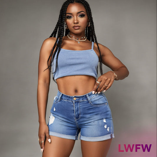 Women's High-Waisted Distressed Denim Shorts - Butt-Lifting Slim Fit with Rolled Hem | Y2K Aesthetic Hot Pants for Summer