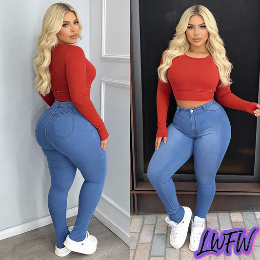 [Stretch Skinny Jeans] High Stretch Plus Size Women's Skinny Jeans | Casual High Rise Solid Button Fly