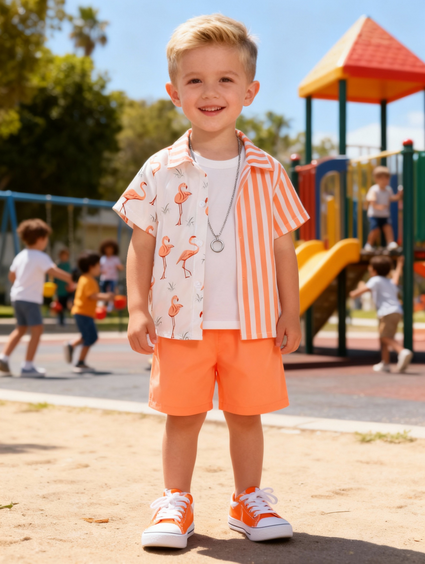 1 Set (2pcs) - Youngsters' Flamingo Print Short-sleeved Shirt and Shorts Set - A Cute And Stylish Summer Outfit Suitable for Daily Wear And Beach Vacations for Youngsters (White T-shirt Excluded), for Outdoor