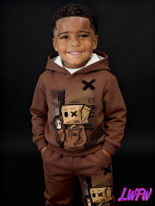 [3D Print Boys' Set] 3D Print Boys' Hoodie & Sweatpants Set - Brown Casual Sportswear with "Good Boy" Graphic, Long Sleeve Pullover & Joggers, Regular Fit, Fall/Winter Outdoor Outfit