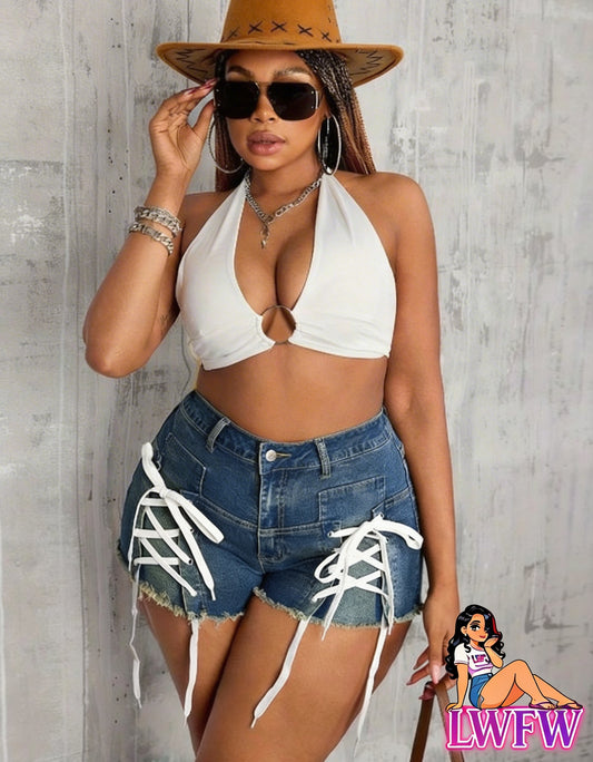 Women's Plus Size Stretch Denim Shorts - Sexy Skinny Super Short Jeans with Crisscross Drawstring Waist, High-Stretch Denim & Mid-Thigh Length for Summer Outfits, Casual Wear, Stylish Summer Apparel, Highstretch Fabric