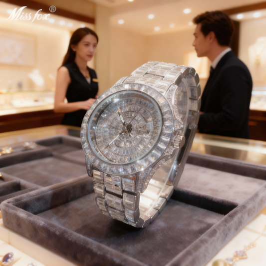 MISSFOX Women's Sparkling Rhinestone-Encrusted Quartz Watch with Luminous Dial, High Quality Zinc Alloy Band & Round Case for Parties, Dates, Formal Events | Middle Eastern Collection, Date Night Accessory, Luxury Watch, High