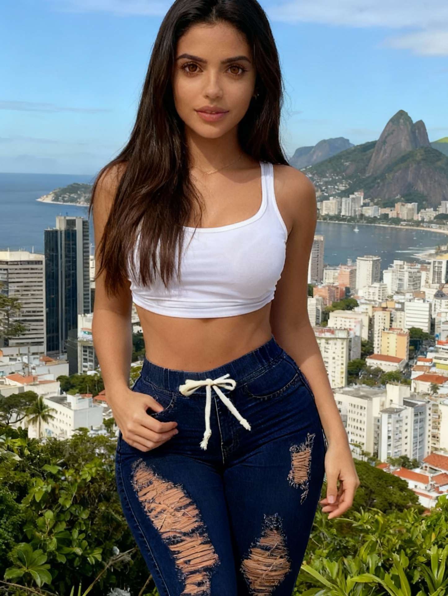 Versatile Blue Washed Skinny Fit Women's Denim Jeans - Drawstring Elastic Waistband Ripped Raw Hem Plain - Denim Pants & Clothing