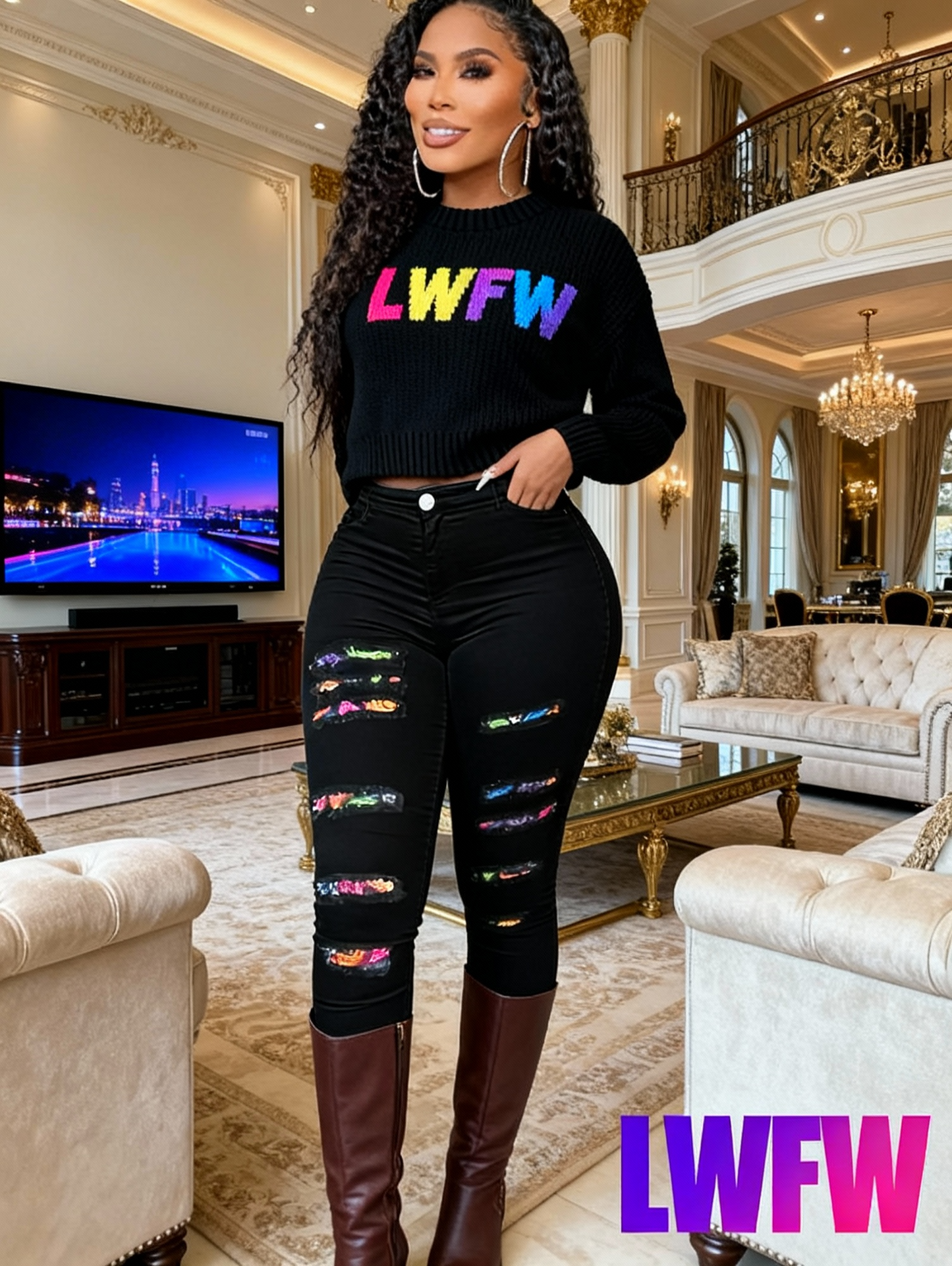 Women's Plus Size Casual Skinny Printed Patchwork Ripped Denim Jeans With Stretch, Full Length Pencil Pants, Fashion Printed Trousers