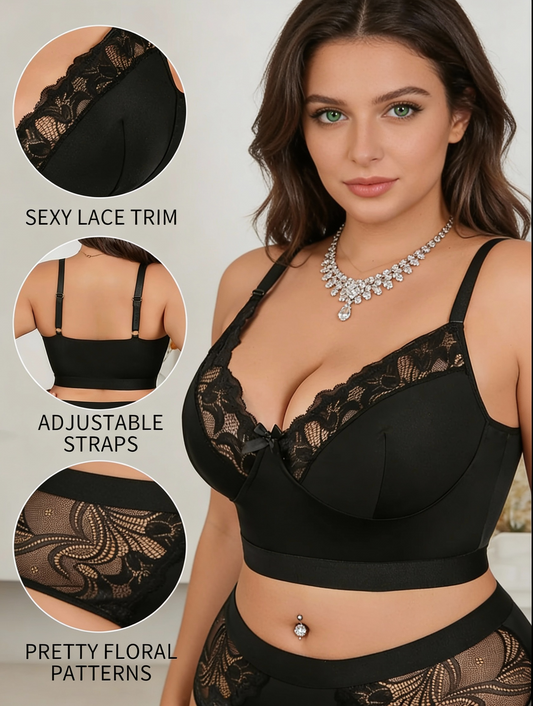 Plus Size Sexy Lace Lingerie Set Lace Lace Neckline Bowknot Backless Bra Sexy Semi-Sheer Temptation Erotic Lingerie Panties Two Sets