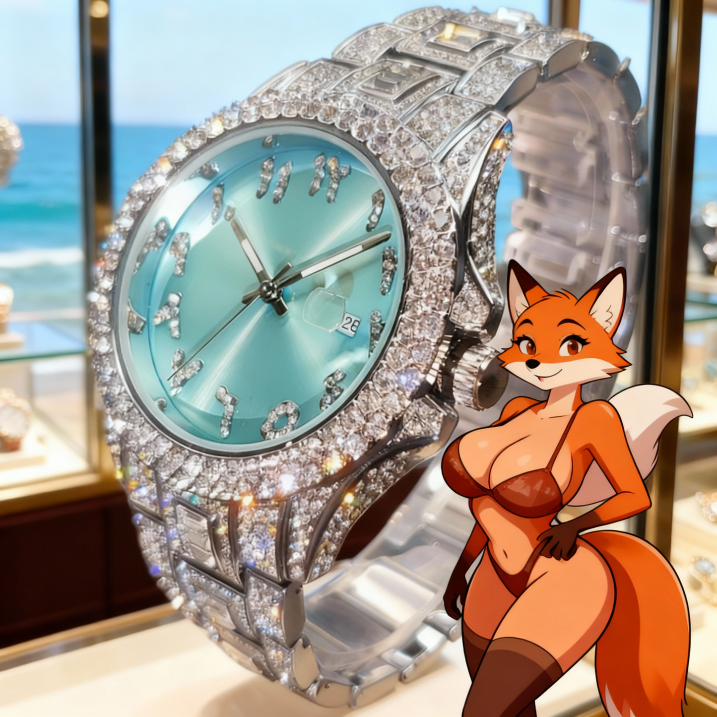 [MISSFOX Quartz Watch] MISSFOX Fashion Brand Unisex Quartz Watch | Street Hip Hop Style, Shining Water Rhinestone Time Meter, Wedding Party Jewelry, New Product Airdrop