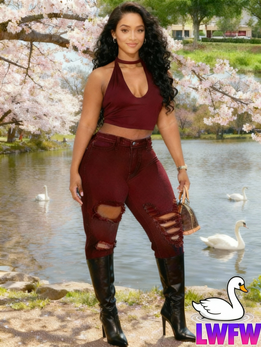 Y2K Women's High Elasticity Mid-Rise Ripped Skinny Jeans with Butt Lift - Plus Size Cropped Denim Pants, Stretchy Streetwear Style for All-Season Wear, Trendy Casual Outfit, Solid Color Design