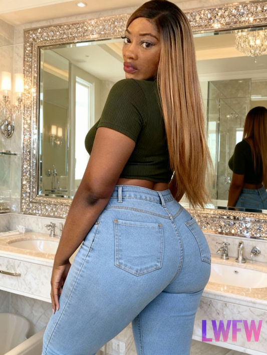 [Plus Size Denim] Plus Size Women's Skinny Fit Denim Pants | Plain Washed Blue Casual Style Zipper Button Closure